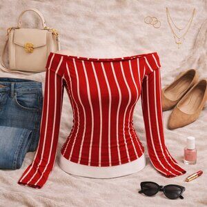 💚 Capella Red & White Striped Off-Shoulder Long Sleeve Top Size S